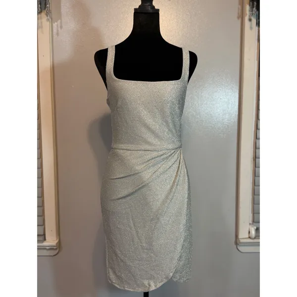 Mi Ami Silver Metallic Shimmer Ruched Cocktail Dress Medium NWT Party Mini - Image 2