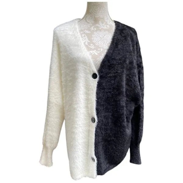 Black White Colorblock Fuzzy Cardigan Sweater Size XL Oversized Drop Shoulder - Image 4