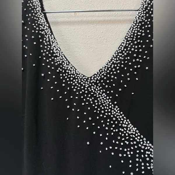 Vintage 90s Black Beaded Midi Dress Asymmetrical Formal Prom Wedding Guest M - Image 5