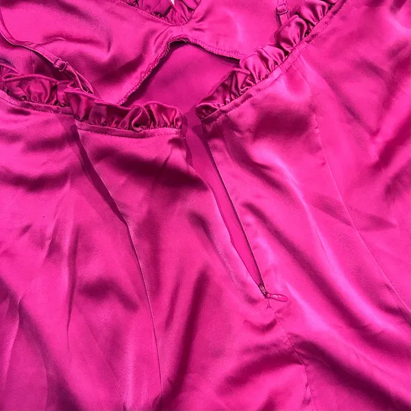 H&M Mini Baby Doll Slip Dress Ruffles Flowing Y2K Boho Satin Fuchsia SZ XL - Image 7