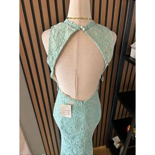 Maniju green lace maxi open back dress sleeveless long size M prom homecoming - Image 4