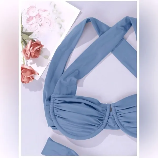 NWT Hilinker Blue Ruched Bikini Criss Cross Back High Cut Swimsuit Set Sz M - Image 3
