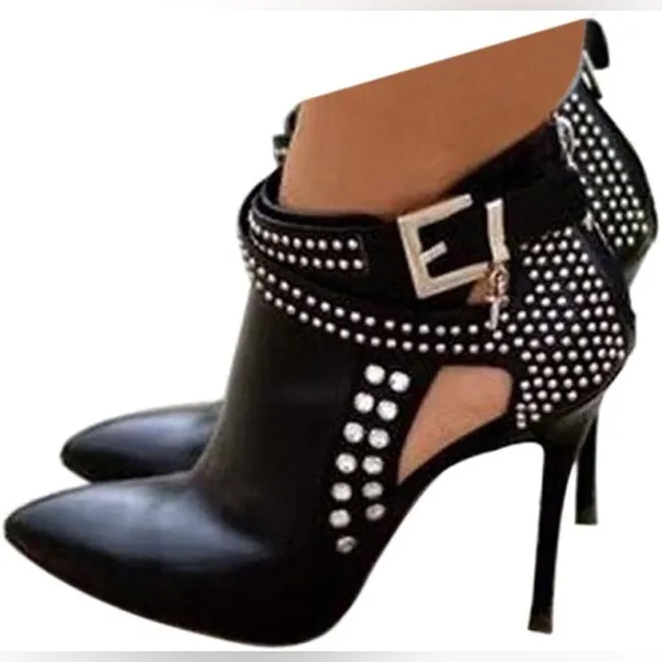 Sexy Black Rhinestone Faux Leather Stiletto Booties Size 8 - Image 4