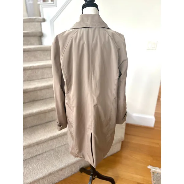 London Fog Tan Khaki Button Front Black Plaid Lined Trench Coat - Image 4