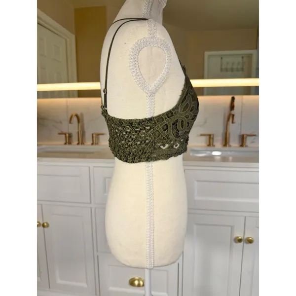 Anemone Lace Bralette Womens Medium Olive Green Boho Smocked Back Lined Strappy - Image 4
