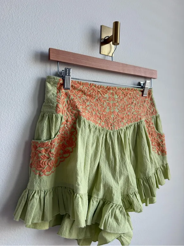Free People FP One Mexico City Embroidered Ruffle Shorts Green Orange Medium - Image 4
