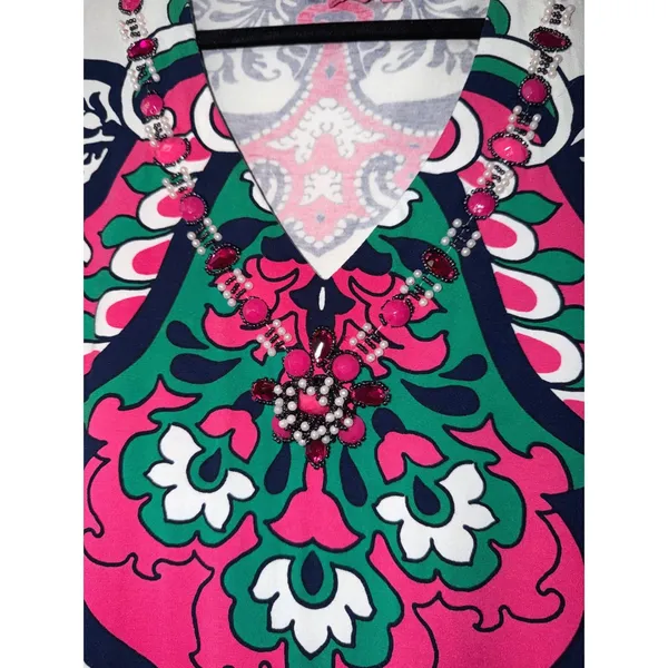 Joyous & Free Large Pink Green Paisley Beaded V-Neck Sleeveless‎ Shift Dress - Image 3