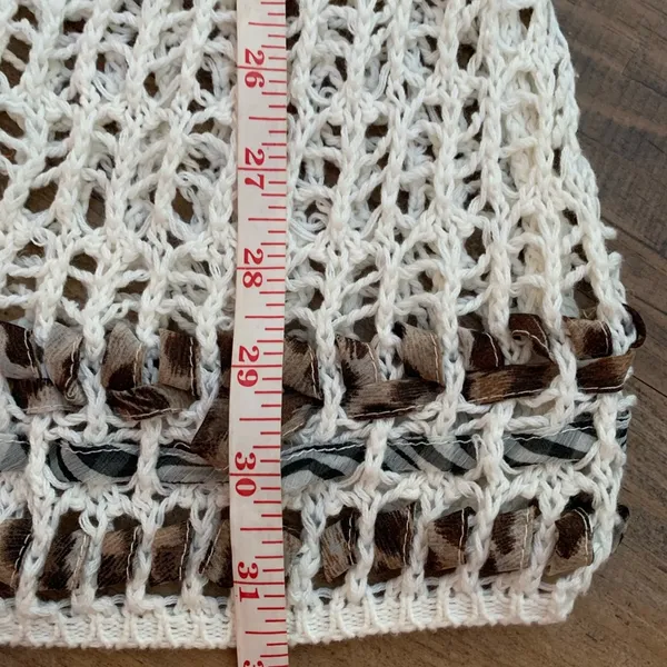 Katie Todd Weave Crochet Cardigan Boho Sz M Medium Cover Up White Ribbon Trim - Image 9