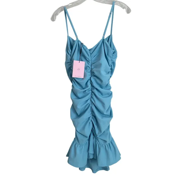 Hello Molly Blue Ruched Mini Dress Cowl Neck‎ Ruffle Hem A04200HM Womens 8 NWT - Image 5