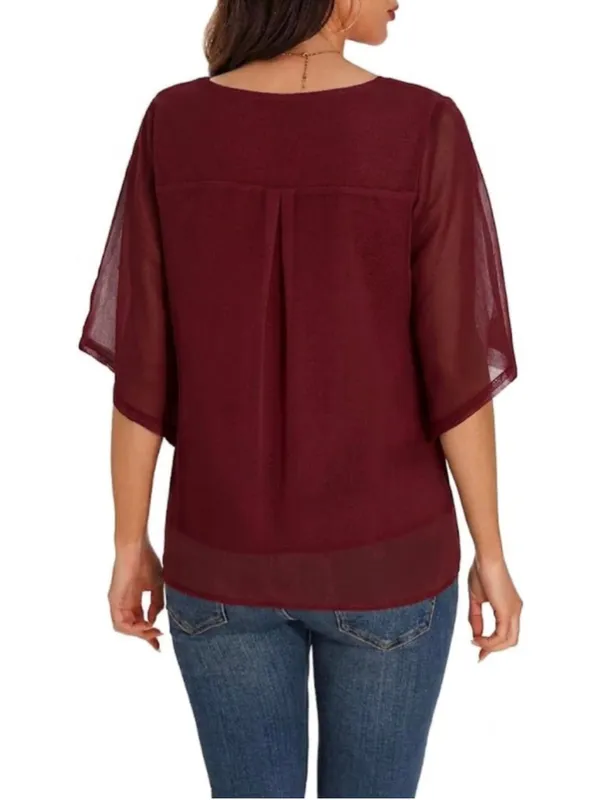 NEW Ruffle 3/4 Sleeve Chiffon Tops V Neck 2 Layers Blouse M - Image 2