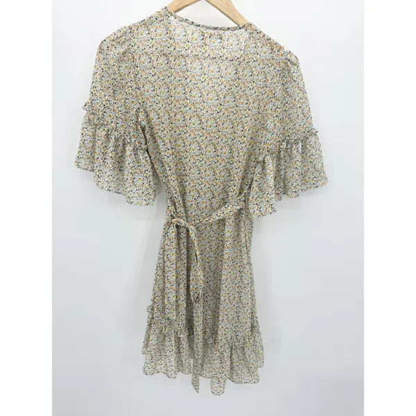 Chelsea &‎ Violet Womens Yellow Microfloral Wrap Dress XS Ruffle Sheer Mini - Image 2