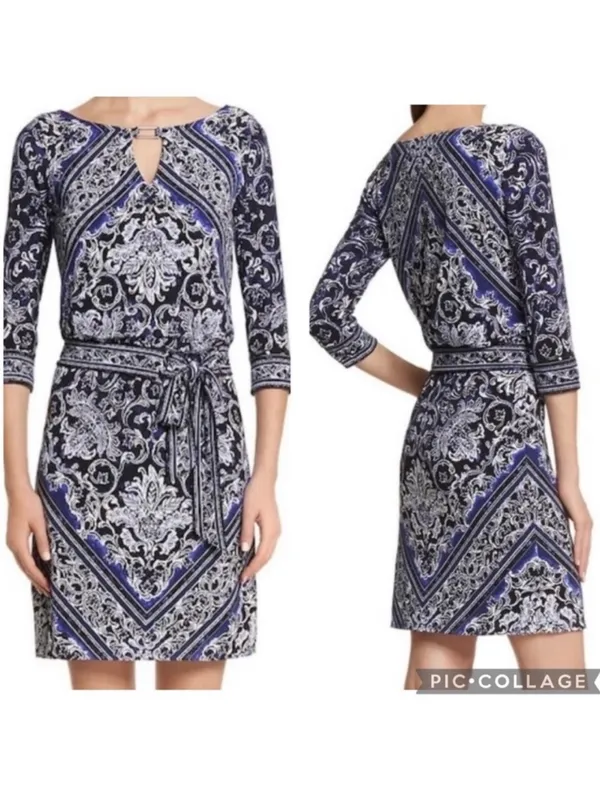 WHBM Women's XS Blue Black Blouson Patterned Keyhole Belted Mini Dress - Image 2