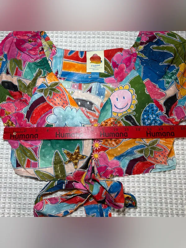 Farm Rio Anthropologie Women Cotton Crop Top Small Fruit Patchwork Tie Front - Image 5