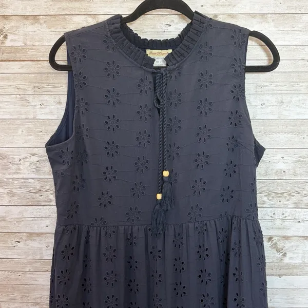 Sweet Magnolia Womens L Maxi Dress Navy Blue Eyelet Cotton Boho Coastal Tassel - Image 2