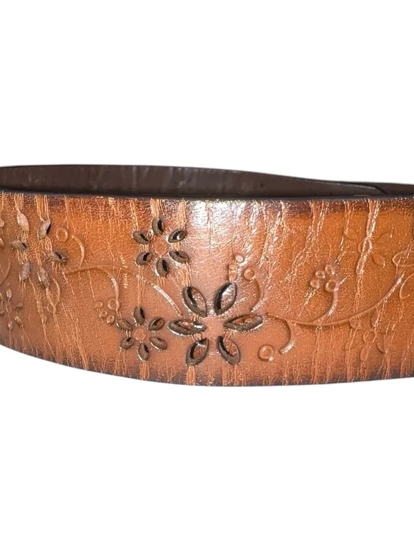 Brow leather belt with dye cut flower design and brass color buckle . - Image 3