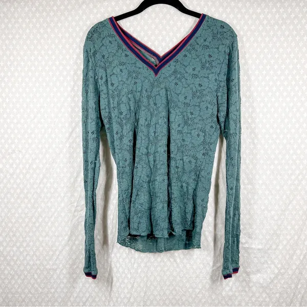 Free People Intimately Green V Neck Floral Lace Long‎ Sleeve Top - Image 3