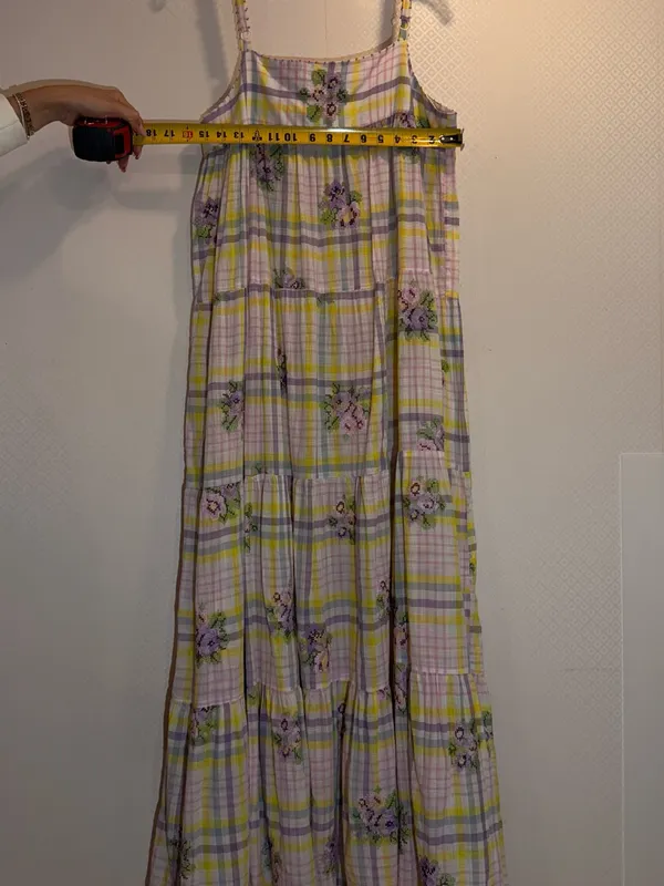 Anthropologie Payal Pratap Pastel Yellow & Pink Floral Plaid Maxi Dress - Image 6