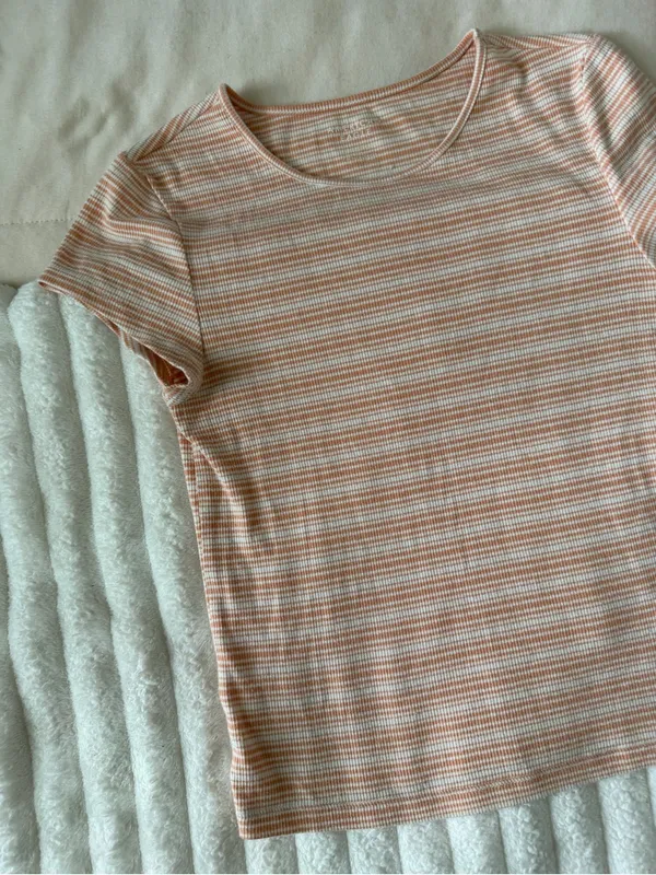 American Eagle Outfitters Peach & White Striped Short Sleeve Tee - Image 2