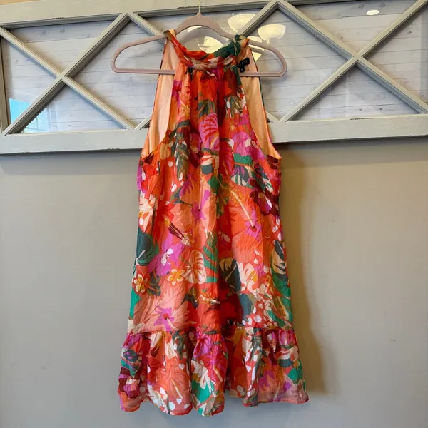 1. State Halter Neck Leaf Print Mini Dress Ruffle Hem‎ Tropical Art Spring XL - Image 3