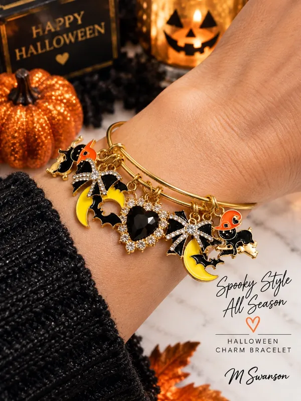 NEW Halloween Spooky Charm Bracelet Gold Rhinestone Bat Cat Witch Moon - Image 6