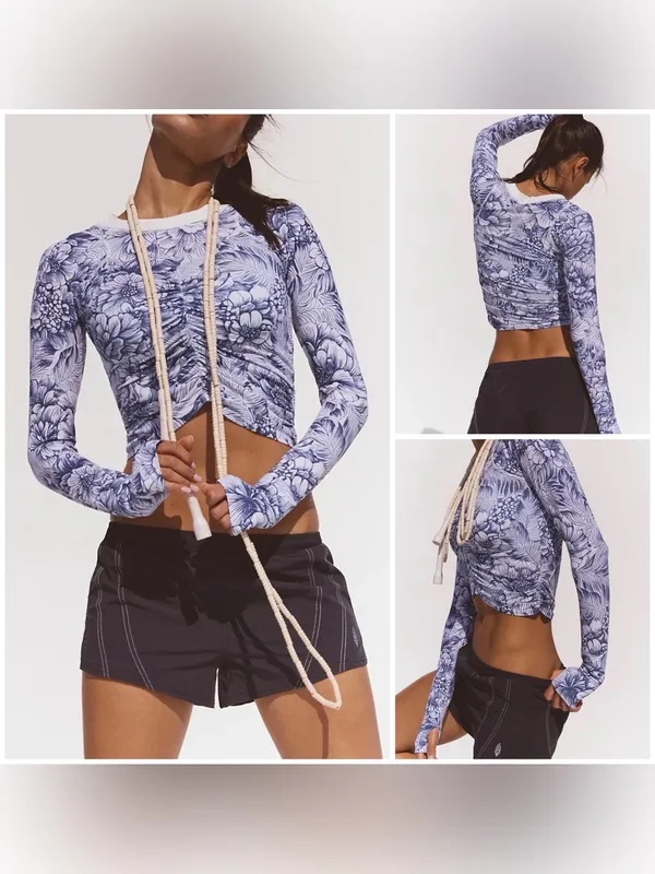 NWOT Free People FP Movement Tempo Ruched Printed Long Sleeve - navy floral - S - Image 2