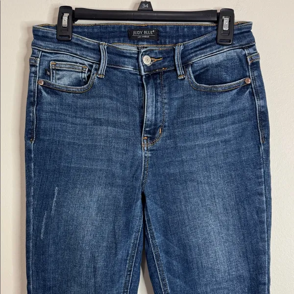 Judy Blue Skinny Fit Dark Wash Blue Stretch Denim Jeans Distressed Detais sz 28 - Image 3