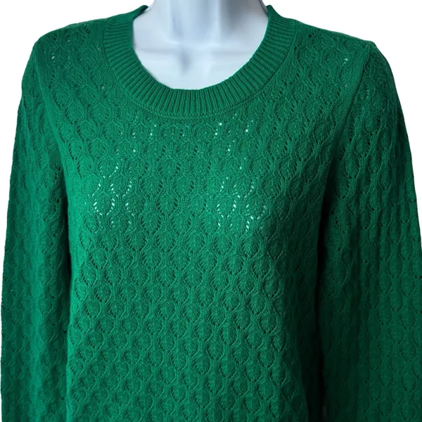 NEW LOFT‎ Green Eyelet Knit Crewneck Sweater Long Sleeve Spring Cozy Preppy S - Image 3
