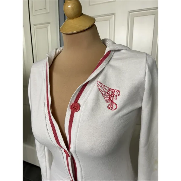 Triple Five Soul Button Up Cardigan Hoodie White Pink Varsity Y2K Retro - Image 2
