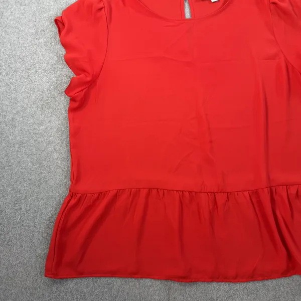 LOFT Women's Large Peplum Top Blouse Red Sheer Keyhole Back Short Sleeve - Image 4