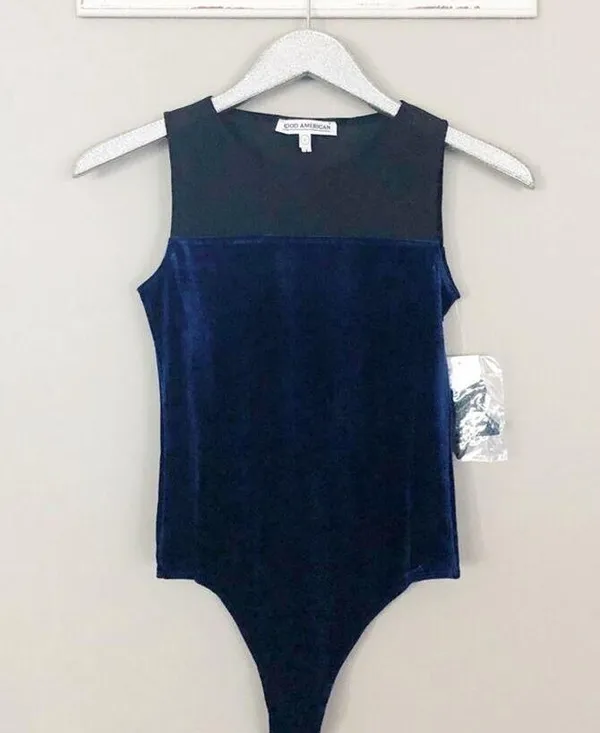 Good American The Mixed Velvet Bodysuit Navy Blue and Black NEW - Image 2