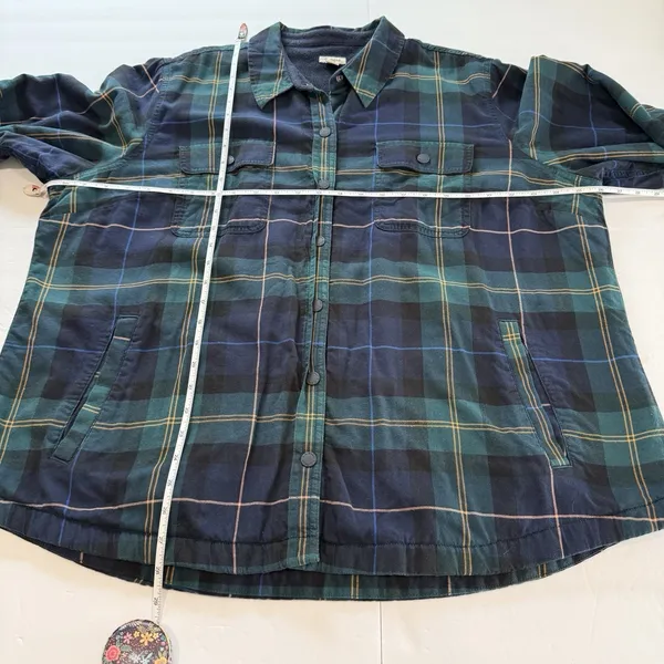 LL Bean Blue Plaid Fleece Lined Flannel Snap Shirt Jacket Shacket Women 1X - Image 7