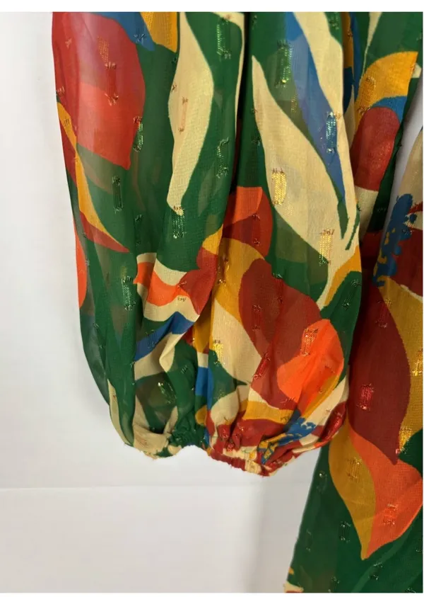 Flying Tomato Green Tropical Floral Boho Chiffon Long Sleeve Mini Dress Small - Image 4