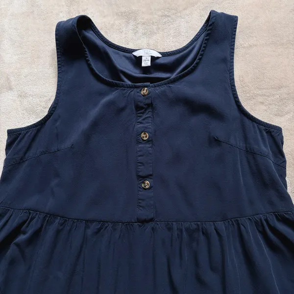Women’s Dark Blue Tiered Flowy Dress - Sleeveless Knee Length Button Dress, L - Image 2