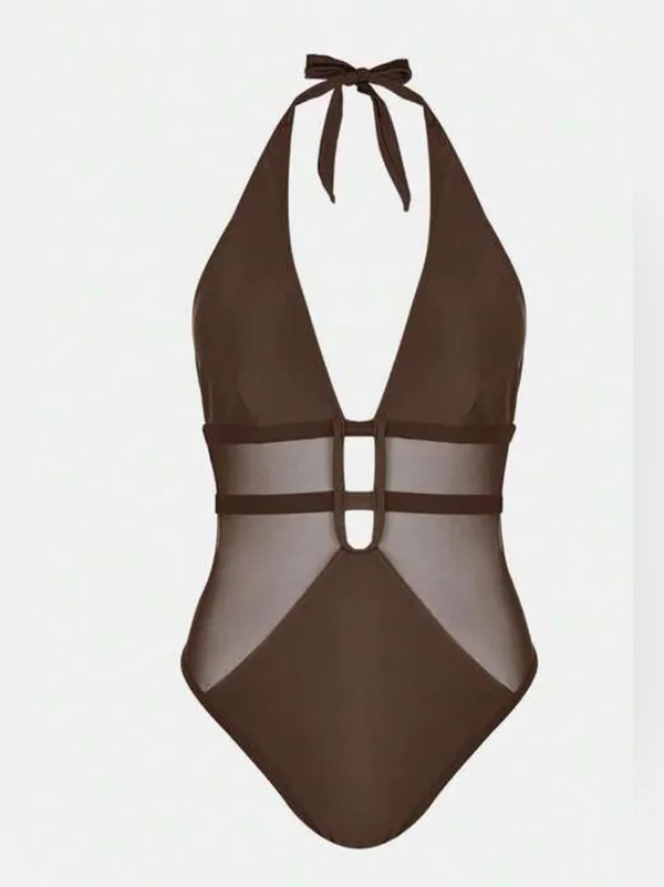 Cupshe Brown Deep V Halter One-Piece Swimsuit with Mesh Panels - Image 2