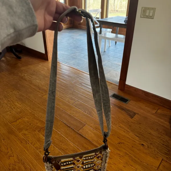 Myra Bags Crossbody Bag Tapestry Gray Fabric Strap 8.75x6.75 Boho Chic Western Beaded - Image 2