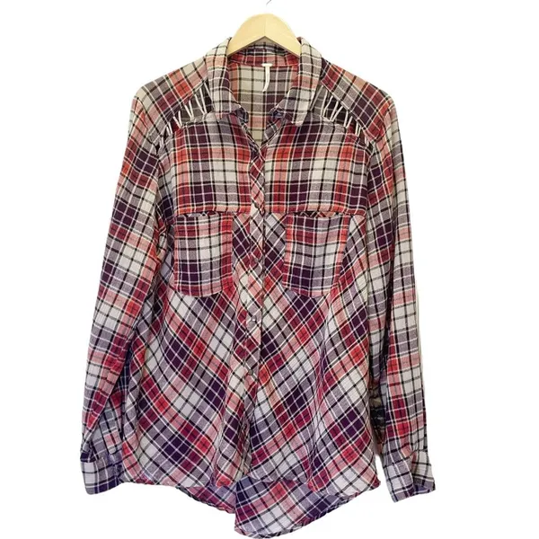 Free People Stitch Detail Plaid Boho Western Snap Shirt in Ash Combo Size Medium - Image 2