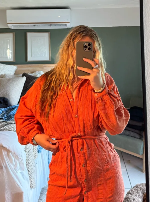 Orange, free people mini dress with a tie around the waist - Image 4