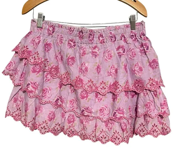 LoveShackFancy Women’s Size M Lilac Pink Floral Print Tiered Mini Skirt - Image 2