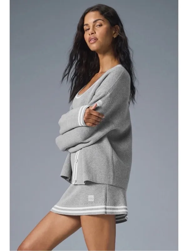 Alo Yoga Tennis Club Cardigan Sweater XS Gray Varsity Preppy Athleisure Chic - Image 2