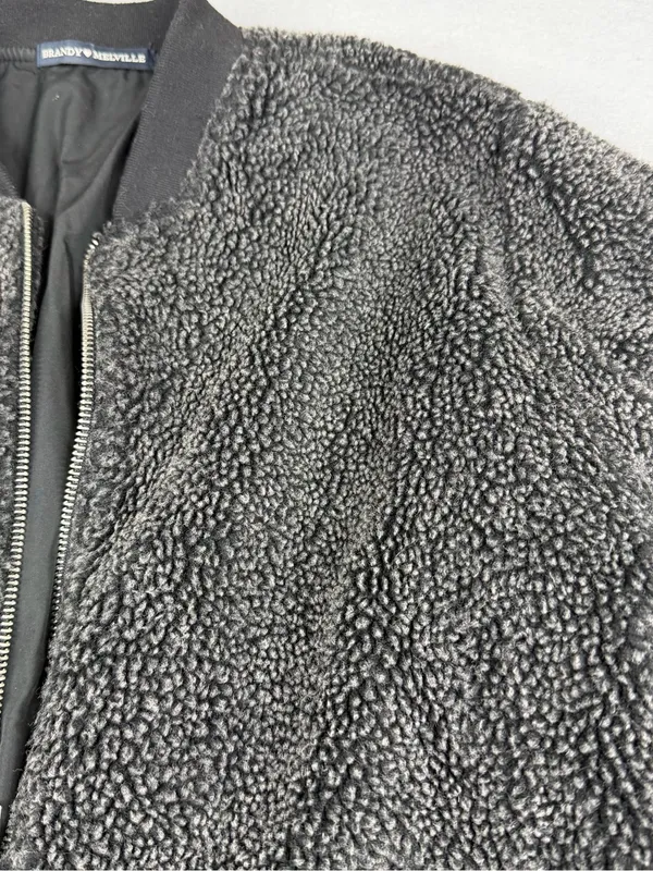 Brandy Melville Teddy Sherpa Bomber Jacket One Size Black Gray Fuzzy Y2K Zip - Image 2