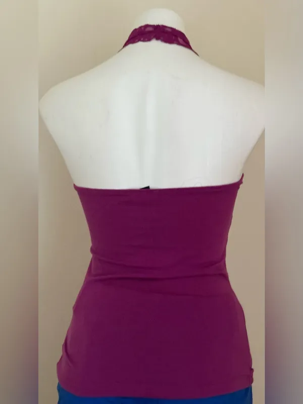 WET SEAL Rich Berry Pink Halter Top V-Neck Floral Lace Tank Top Sz M - Image 3