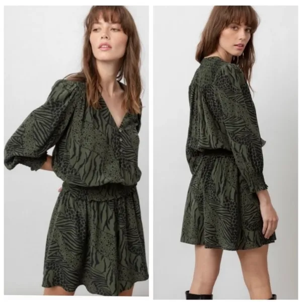 RAILS‎ Zana Olive Mixed Animal Stripe Dress Smocked Waist Size Medium - Image 2