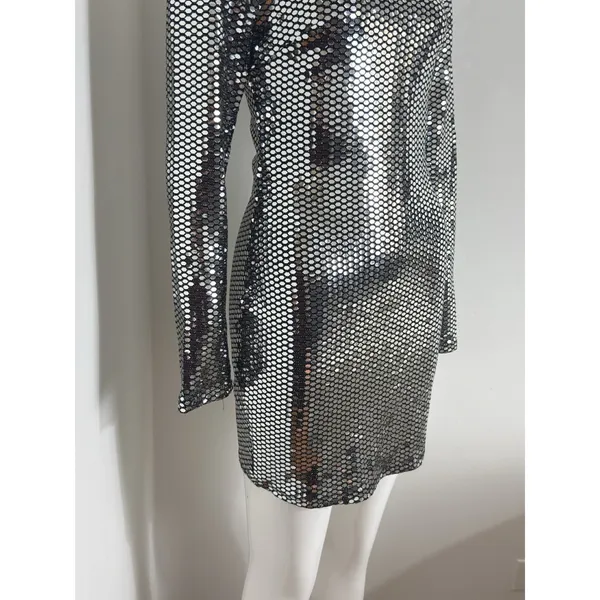Women’s Silver Sequin Mini Dress Long Sleeve Bodycon Club Cocktail Size M NWT - Image 4
