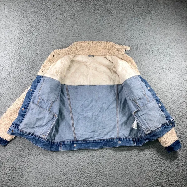 Topshop Denim Jacket Womens 6 Small Blue Cream Borg Fleece Mixed Media Trucker - Image 4