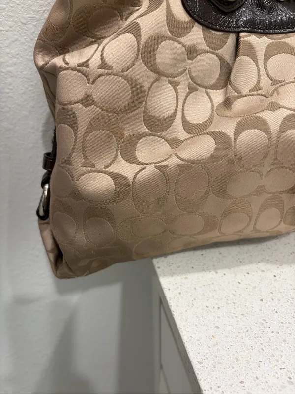 Coach Ashley Signature Sateen Carryall Satchel Bag F15510 Khaki Brown Leather⁠ - Image 3