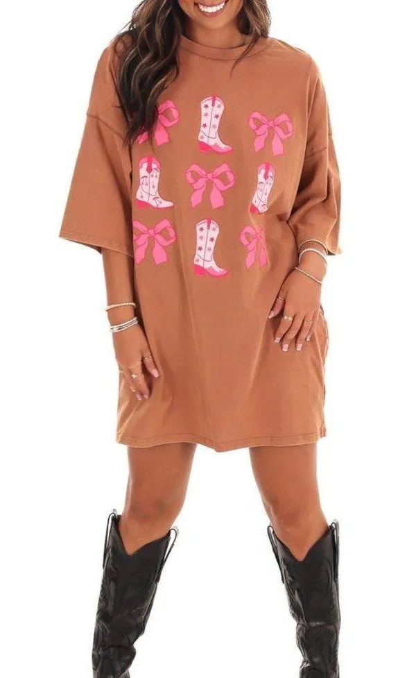 Peach Love California WASHED RIBBON & WESTERN BOOTS T-SHIRT DRESS NWOT Punch LOVE SIZE S - Image 4