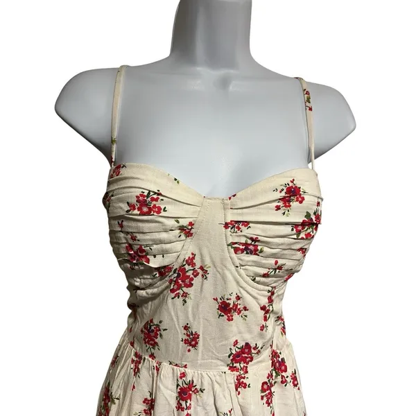 ASTR The Label Ivory Pink Red Floral Pleated Sweetheart Midi Dress Strappy M - Image 8