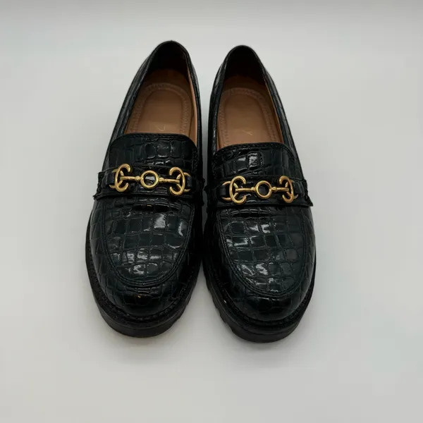 Circus by Sam Edelman Deana Lug Sole Loafers – Black Croc-Embossed,Gold Hardware - Image 2