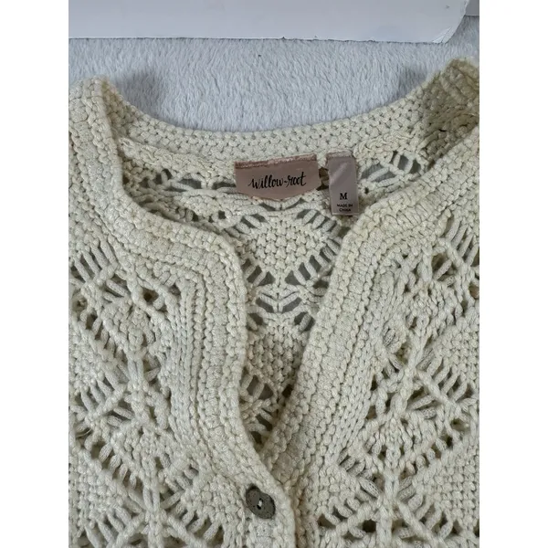 Willow & Root Diamond Pointelle Cardigan Sweater Cream Sz M Cottagecore Boho Top - Image 8