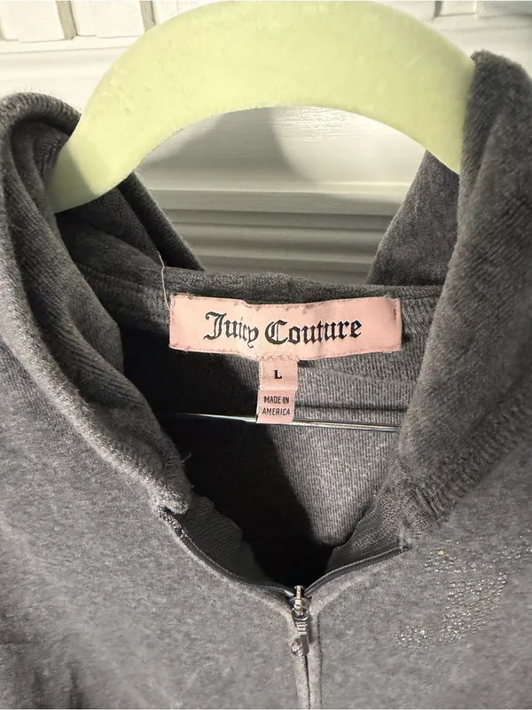 Juicy Couture Gray Velour Zip Hoodie Rhinestone Crest Y2K Size Large - Image 3